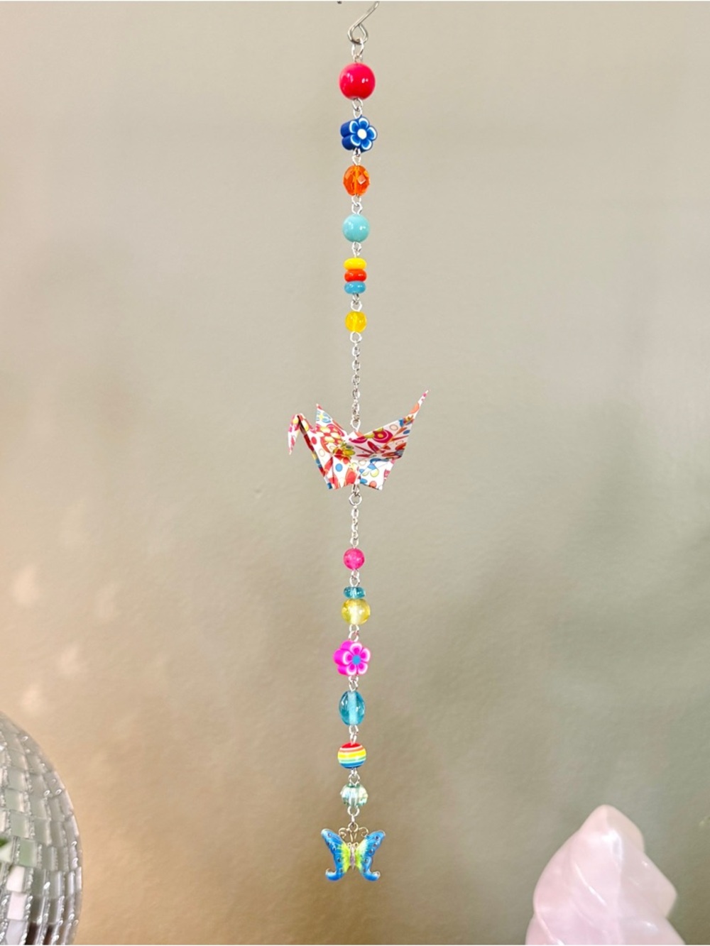 Origami Ornament #2488 - Small Crane with Colorful Beads and Cloissoné Butterfly